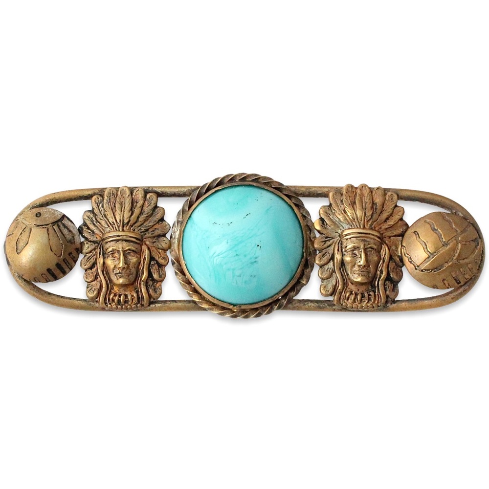 Antique Art Deco Native American Chief Brooch Turquoise Glass Brass Tone Vintage